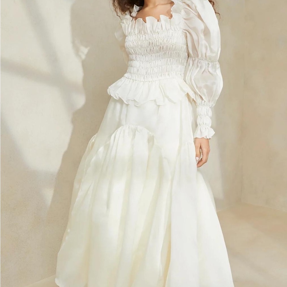 Cream Tiered Ruffled Bishop Sleeve Bridal Gown